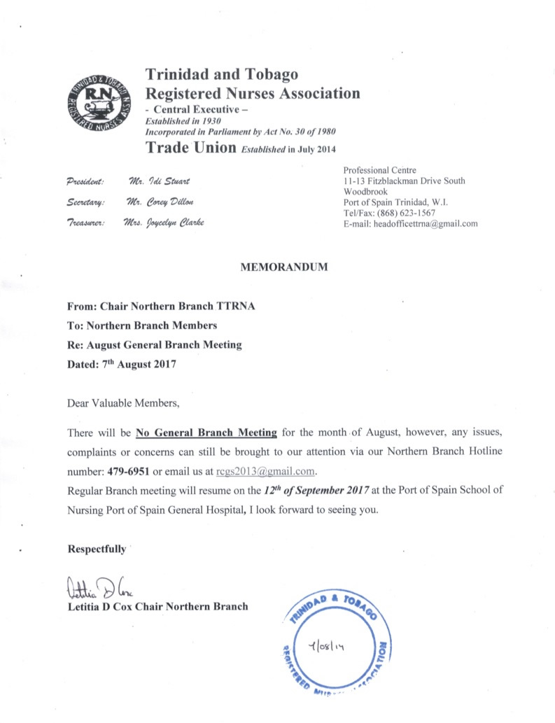 Memo Branch Meeting August 2017